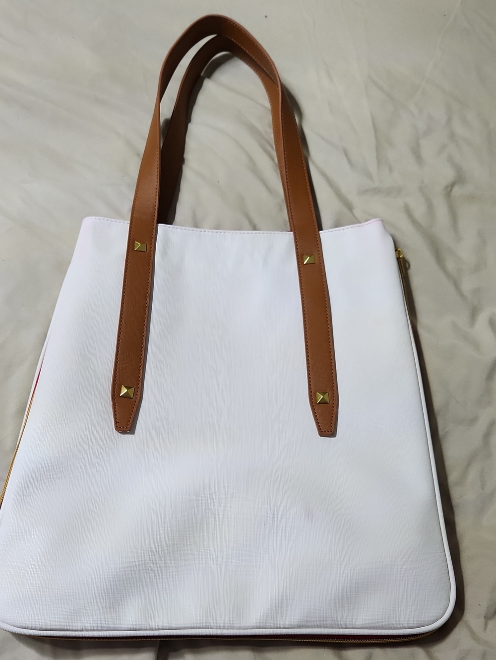 Clarins White Tote with Brown Leather Handles and Gold Studs